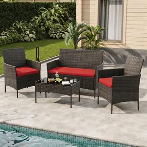 4-Piece Patio Furniture Set, All-Weather Patio Set with Tempered Glass Table, PE Wicker Sectional Modular Outdoor Furniture for Pool Decks, Brown & Red