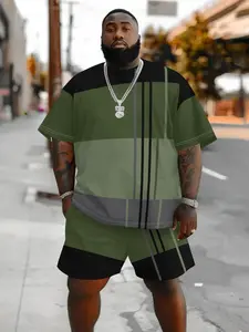 Men's Summer Plus Size 2 Piece Set in Striped Style, Casual Fitted Round Neck with Light Stretch, Comfortable Easy-Care Fabric with 3D Print, Clothes, Striped Lounge Set