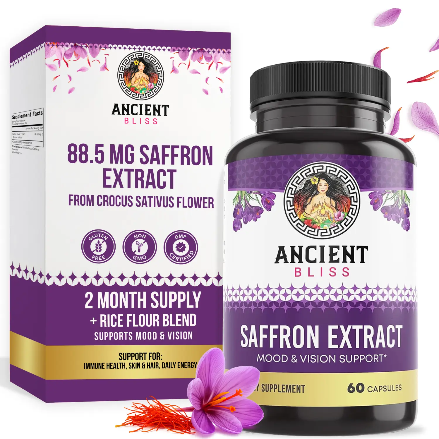 Ancient Bliss Saffron Extract All Natural Dietary Supplement - 60 Vegan Capsules for Adults, Botanical Extracts, Antioxidant Nutrient Support, Supports Mood, Uplifting Restorative Eye Healthcare Daily Boost