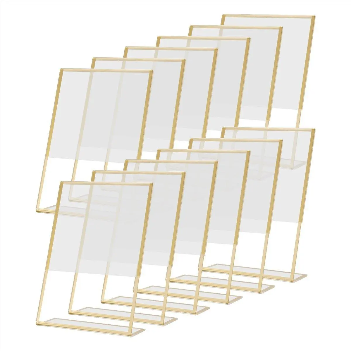12 Pack 4x6 Inch Gold Sign Holders - Transparent, Slanted, Double-Sided & Self-Standing Frames for Party & Wedding Event Signage, Acrylic Frames, Vertical, School, Table Numbers, No, Menus, Bar, 12X Table Number Holder, High Strength, Church/Bar/School
