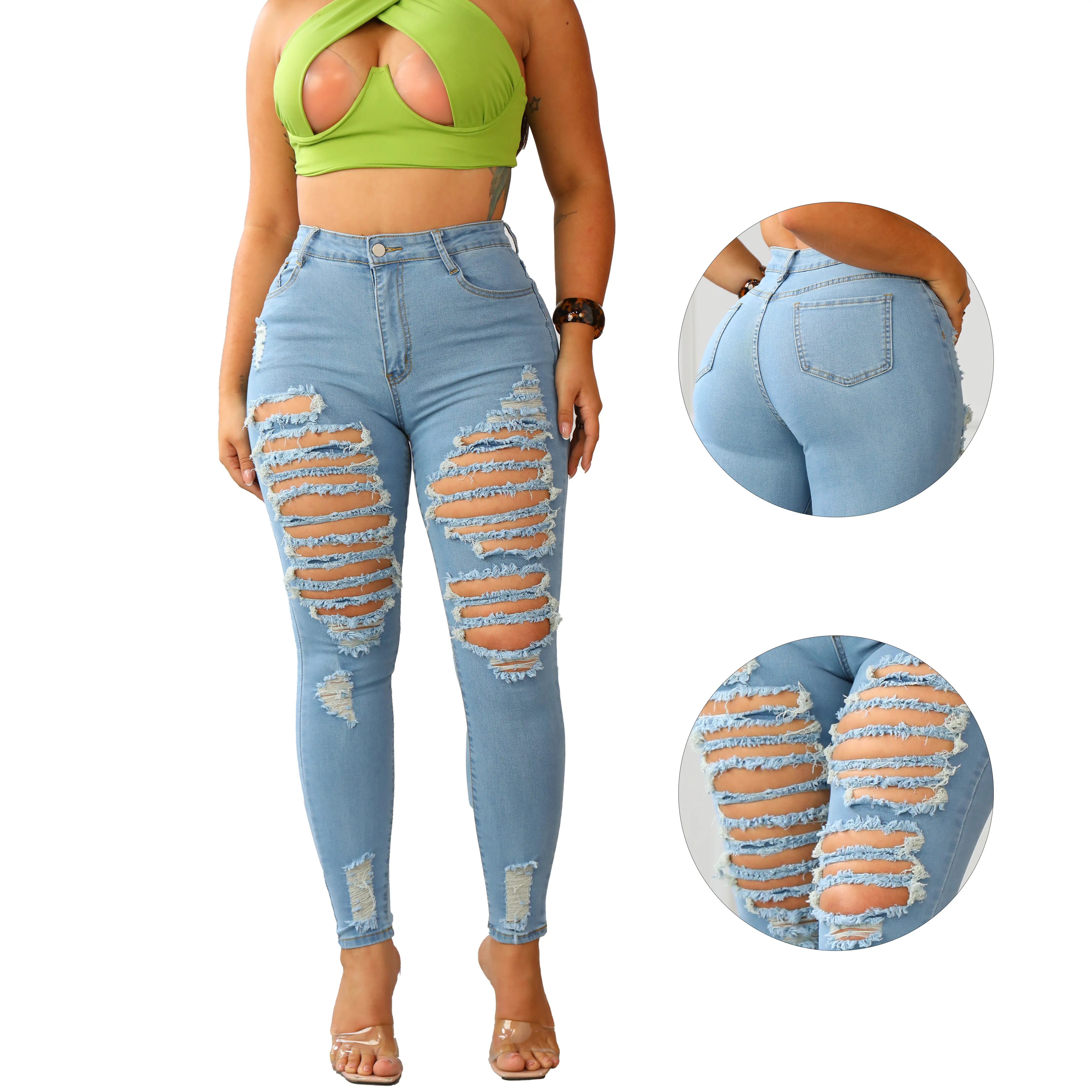 Women's Skinny Jeans in Metallic High-Stretch Denim, Ripped Boyfriend Jeans Style for Juniors, Casual Streetwear with Quick Delivery, Casual Fashion Ripped, Ripped Jeans