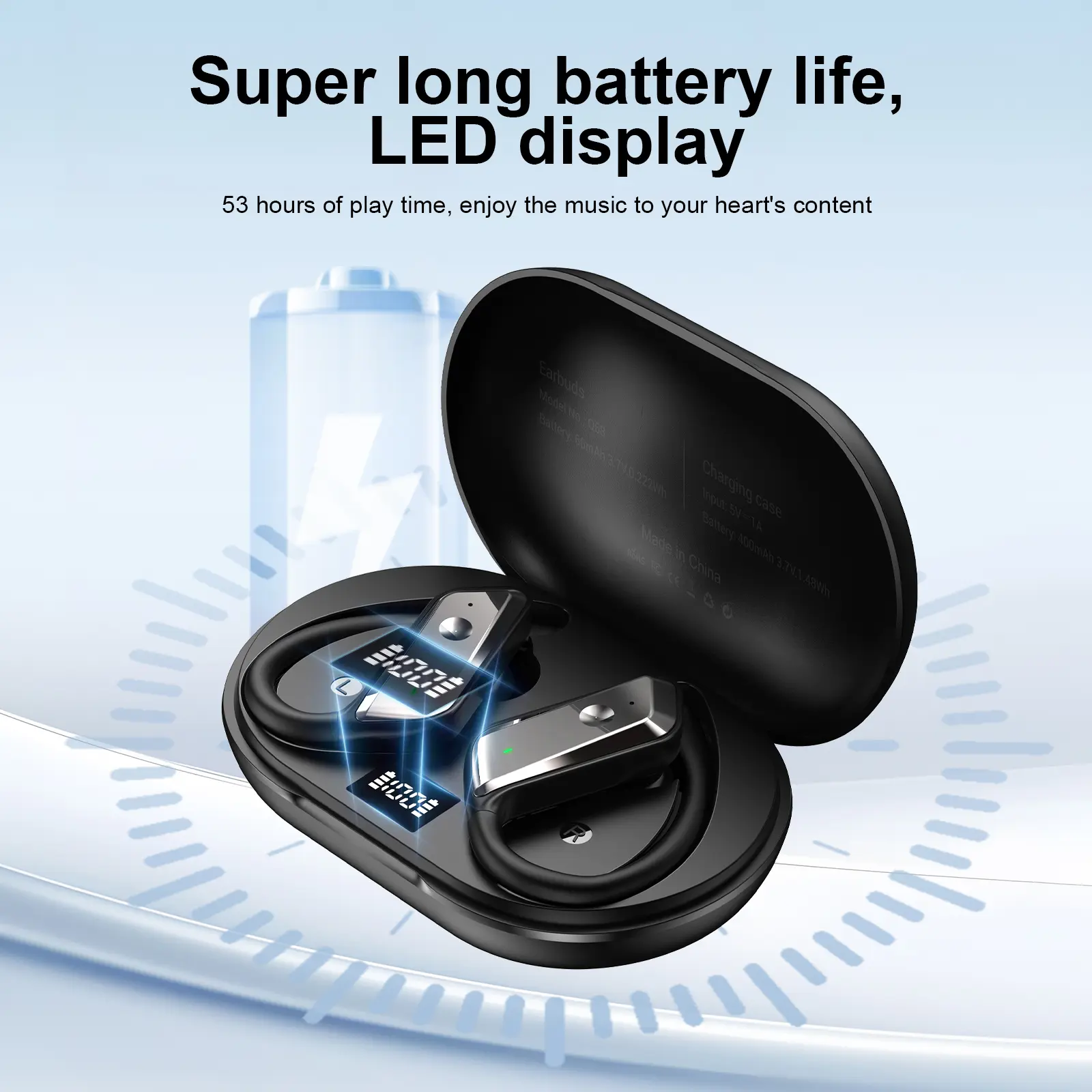 Bluetooth-compatible Earphones Wireless Headphones 80 Hours Super Long Battery Life, Wireless Charging Case, Digital LED Display, Sport Earbuds with Hook, Bass, Ipx7 Waterproof, Headset, Sports Earbuds