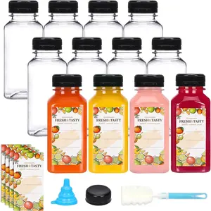 12pcs 8oz Plastic Juice Bottles with Caps Empty Reusable Clear Bottles with Label, Funnel and Brush Beverage Containers Bulk with Lids for Juicing, Smoothies, Fridge