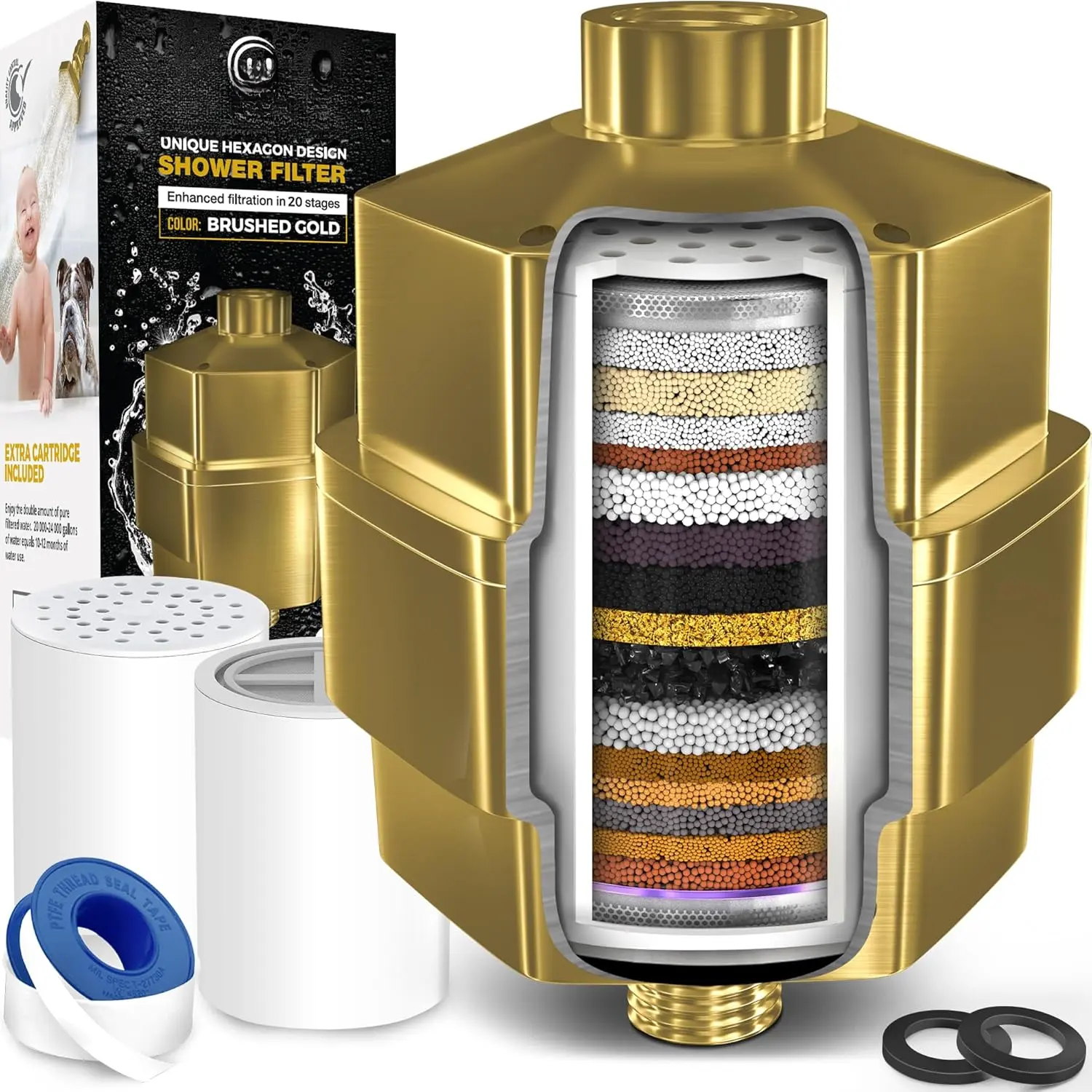 20 Stage Shower Filter for Hard Water - High Output Universal Shower  Filter for Chlorine, Fluoride, Heavy Metals - Vitamin C E Shower Water Filter for Hair and  (Golden)