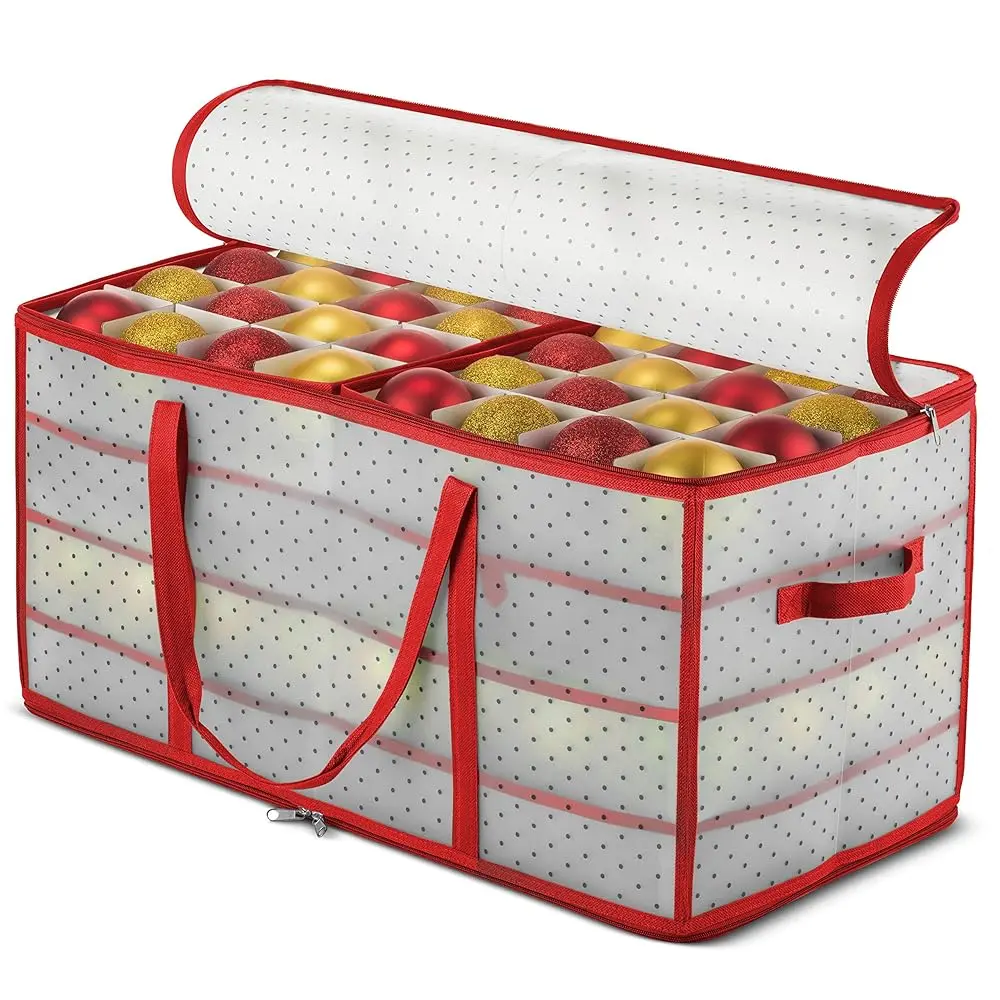 Zober 128-Count Ornament Storage Box for Christmas - Red Plastic Container with 3-Inch Compartments and 2-Sided Zipper