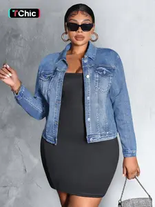 Women's Plus Size Vintage Denim Jacket, Elastic Fabric, Button Design, Retro Style, Daily Wear, Fashionable Jacket, All Seasons