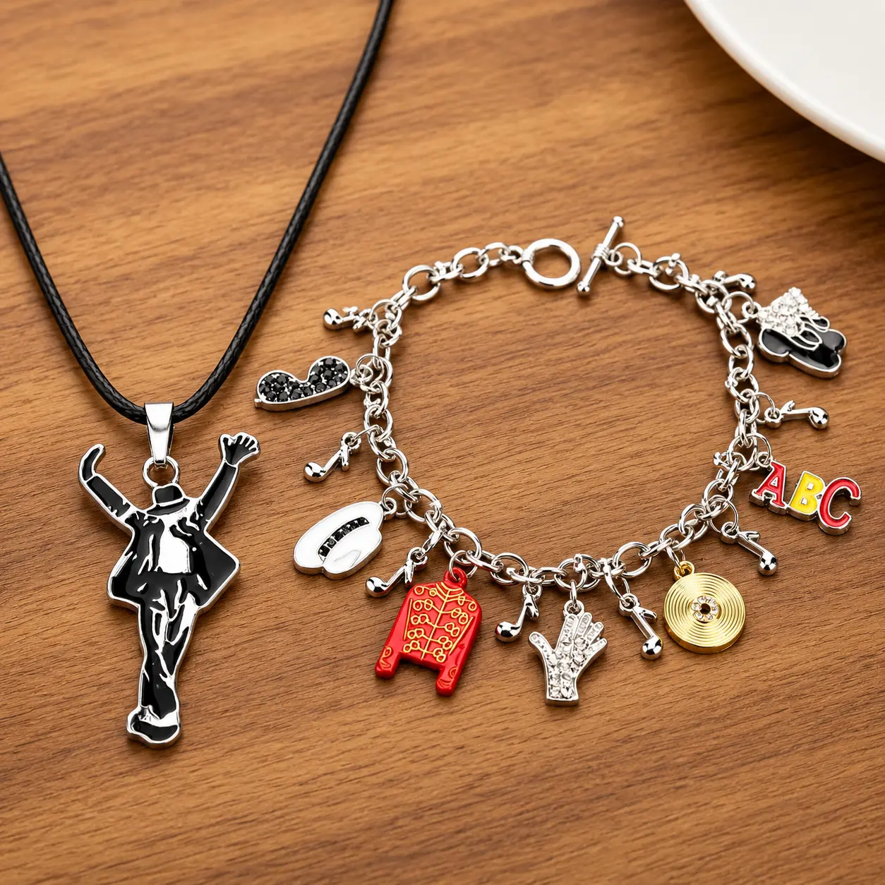 Michael Jackson Tribute 2-Piece Costume Jewelry Set - Fashion Charm Bracelet & Necklace with Iconic Hat, Glove & Jacket Charms for Fans, Fan Gift & Collectors (Recognizable Design), Iconic And Recognizable, Music Charms