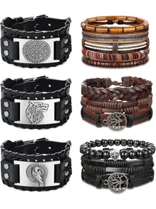 Natural 6 Pcs Brown Black Braided Viking Leather Bracelets for Men Women, Boho Style Bracelet, Fashionable Pack Stackable Bracelet Cool Vintage Wolf Gothic Wrist Cuff Alloy Bracelets Adjustable Nordic Amulet Viking Bracelets Bracelet Set Gothic Jewelry