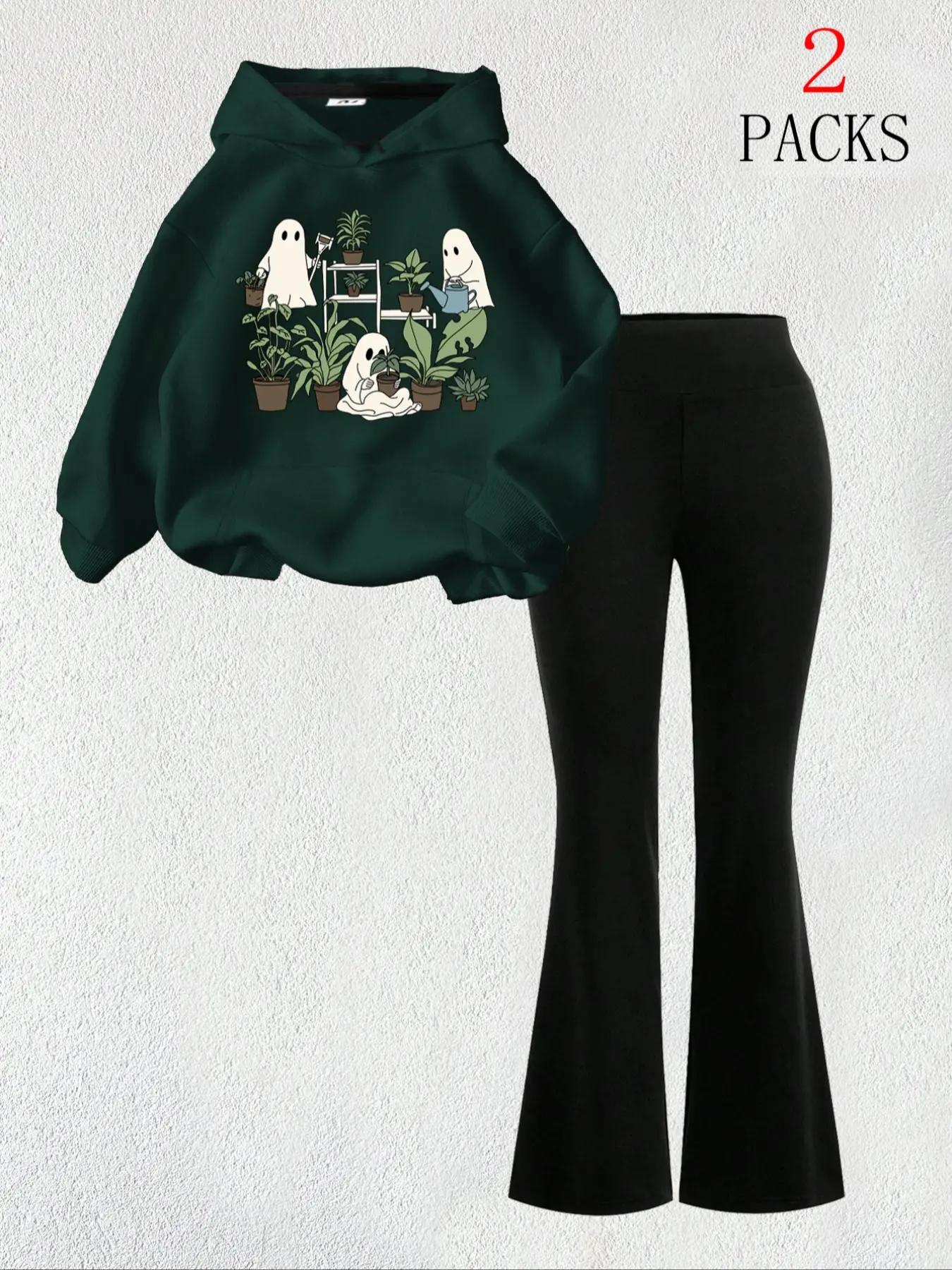 Women's Halloween Ghost Print Hoodie Set, Casual Loose-Fit Long Sleeve Top & Comfortable Slim Fit Pants, Summer Fashion, Womenswear