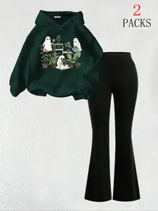Women's Halloween Ghost Print Hoodie Set, Casual Loose-Fit Long Sleeve Top & Comfortable Slim Fit Pants, Summer Fashion