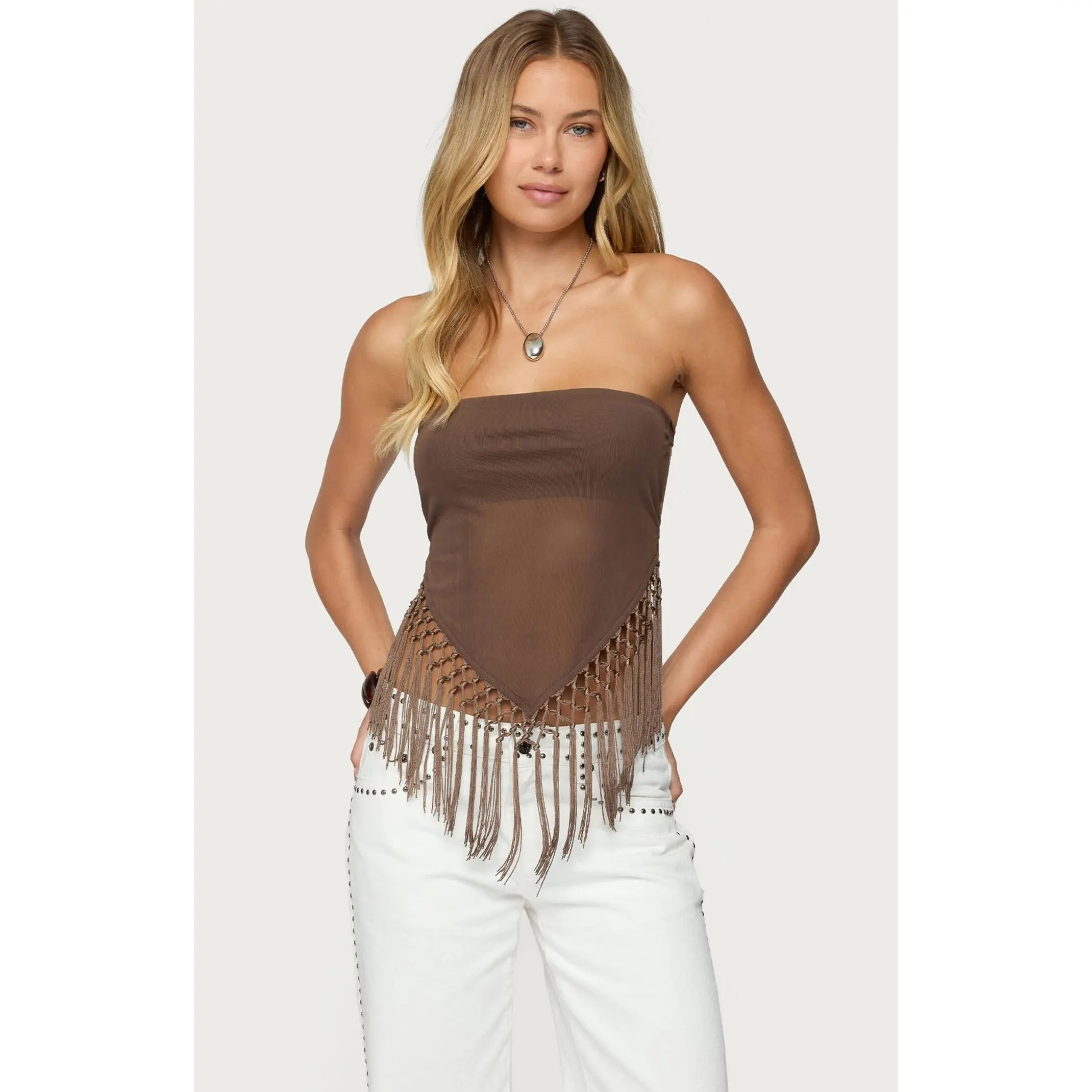 Edikted Women's Backless Sheer Mesh Strapless Top