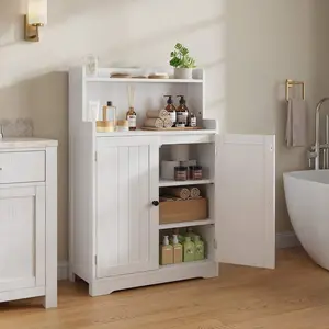 3-Tier Freestanding Storage Cabinet with Double Open Shelves & Adjustable Shelf, Multipurpose Bathroom & Kitchen Storage Organizer (White)