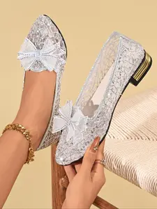 Women's Champagne Gold Lace Sequin Bow Flats, Rhinestone Decor Pointed-Toe Low Heel Shoes, Party Wedding Dress Footwear, Breathable Sheer Fabric Evening Bridal Shoes, All-Match Casual Formal Shoes, Chic Shoes