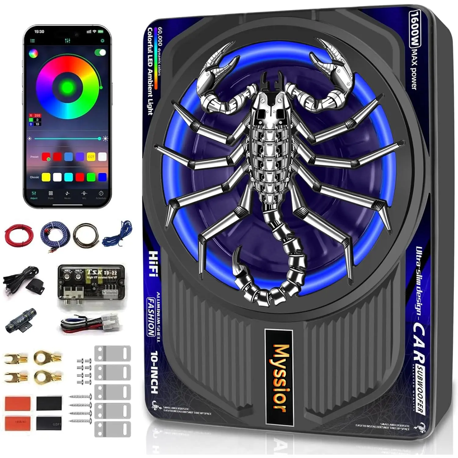 Upgraded 1600W Slim Underseat Car Subwoofer and Amp Package with RGB Beat-Synced Light, Individual Control for Low Pass/Gain/Boost Bass, Clean Loud Deep Bass Perfect for Truck/SUV/Jeep