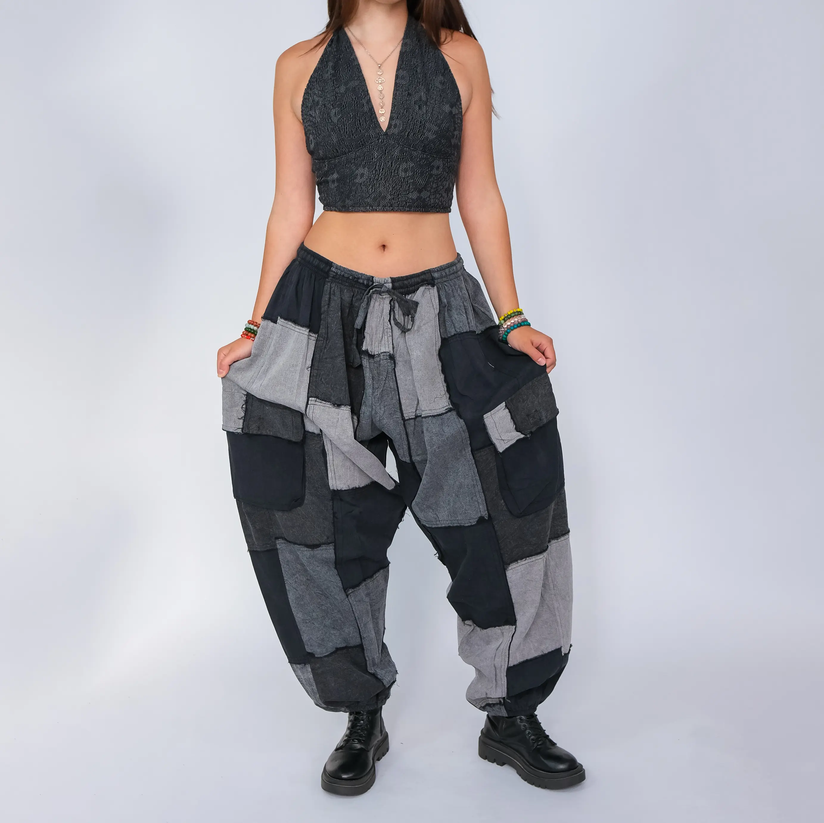 Karma Nepal Crafts Earthy Patchwork Baggy Cotton Pants Denim Look Comfy Unisex Multi Pocket Boho Hippie Style Handmade Streetwear Bohemian Goth Vibe Trousers