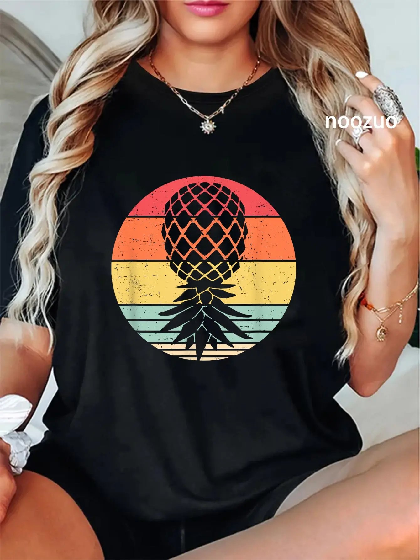 Women's 100% Cotton Casual Loose-Fitting Round Neck Short-Sleeve Graphic Tshirt - Vintage Retro Upside Down Pineapple Print, Streetwear, Cute Colorful Clothes, Funny Vibes, Wide Size Range Tops