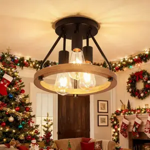 3Light Modern Farmhouse Industrial Ceiling Light Fixture-Semi-Recessed Easy Installation & Adjustable Height Oil-Rubbed Metal and Wood Decorative Finish (Bulbs Not Included) Suitable for Kitchens Bedrooms A Holiday  Led Lighting Fan Home Decoration Lamp