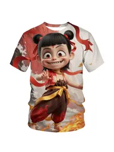 Men's Nezha 3D Printed Short Sleeve T-Shirt, Full Body Digital Print, Breathable Round Neck, Casual Streetwear, Summer Outdoor & Home Use