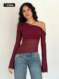 Women's Plain Slim Asymmetrical Neck Flounce Sleeve Tee, Casual Long Sleeve T-shirt for Spring & Fall, Women's Clothing for Daily Wear, Valentine's Day Gift for Girl, Fall & Winter Clothes for Women