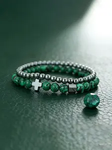 Punk Hematite Cross Bracelet Set, Exquisite Bracelet, Unisex Women Stackable Howlite Turquoise Elastic Jewelry, Handmade Charm Couple Gift, 2 Piece Set