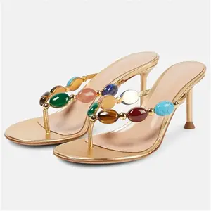 Women’s Gold Metallic Thong Sandals Multi Gemstone Accent Stiletto Heel Slide On Party Evening Wedding Casual Summer Footwear
