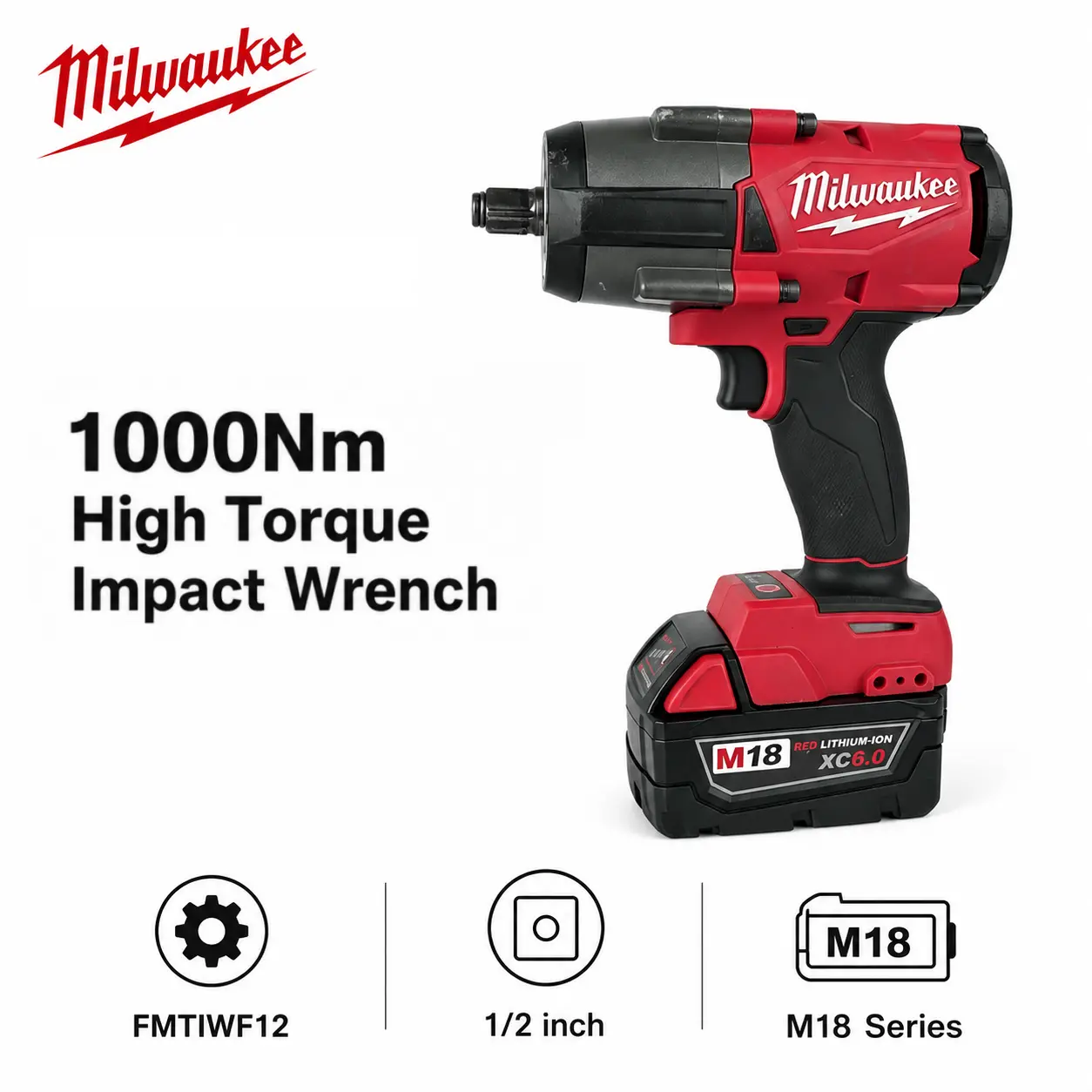 Milwaukee M18 FMTIWF12 18V 1000Nm Cordless Impact Wrench 1/2 Inch Square Drive Tool For Lug Nut Removal Automotive Repair Construction Maintenance Heavy Duty Mechanical Work And Professional Workshop Applications