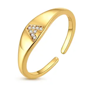 MULA 14K Gold Plated Initial Signet Ring, S925 Silver Adjustable Chunky Dome Ring with Cubic Zirconia, Personalized Jewelry Gift for Women & Girls