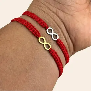 Set of 2 Yarn Woven Macrame Bracelets in White and Gold Steel with Infinity Charm