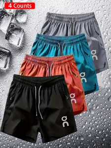 4-Pack Outdoor Quick-Dry Athletic Shorts, Casual Commute Wear, Trendy Sporty Style, Loose Fit Letter Print, Unisex, All Seasons