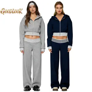 Women's Spring Summer Baggy Pants Striped Ribbed Waistband Loose Wide Leg Trousers