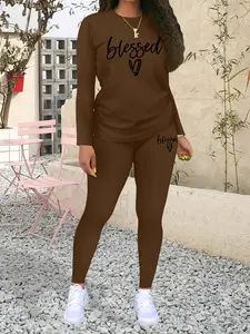 Women's Blessed Letter Print Casual Sportswear Set, Fashionable Long Sleeve Top & Tight Pants, Fall & Winter Fitted Tee, Activewear Clothing, Sweatsuit Sets, Yoga Clothes Set