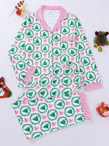 2-piece set full of bow garlands, Christmas tree prints, Christmas long sleeves, long pants, striped cuffs, collar, top, small pockets, elastic waistband, button closure, suitable for all seasons home wear, Loungewear, pajamas