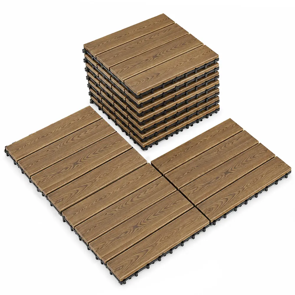 Wood Interlocking Anti-Skid Weather-Resistant Floor Tiles, 10-Piece Boxed Pack, Easy Snap DIY Deck Look Flooring for Patio, Garden, Poolside Indoor/Outdoor Home Improvement Building Supplies