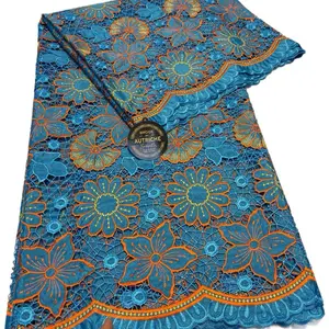 Brode High Quality 5 Yards Blue & Orange Floral Lace Fabric No Additional Attributes Specified