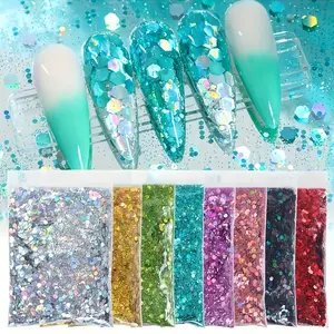 8-Pack Hexagonal Holographic Sequins, Plastic Craft Supplies for DIY Handmade Projects - Bright Epoxy Resin Filling, Hand-Colored, Ideal for Jewelry Design, Nail Decoration,summervibes