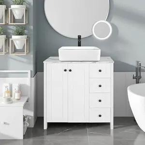 Wood White 32-Inch Bathroom Vanity BA024 with 2 Tiers, 4 Side Drawers, Marble Texture Countertop & Soft Close Door, Includes All Mounting Hardware