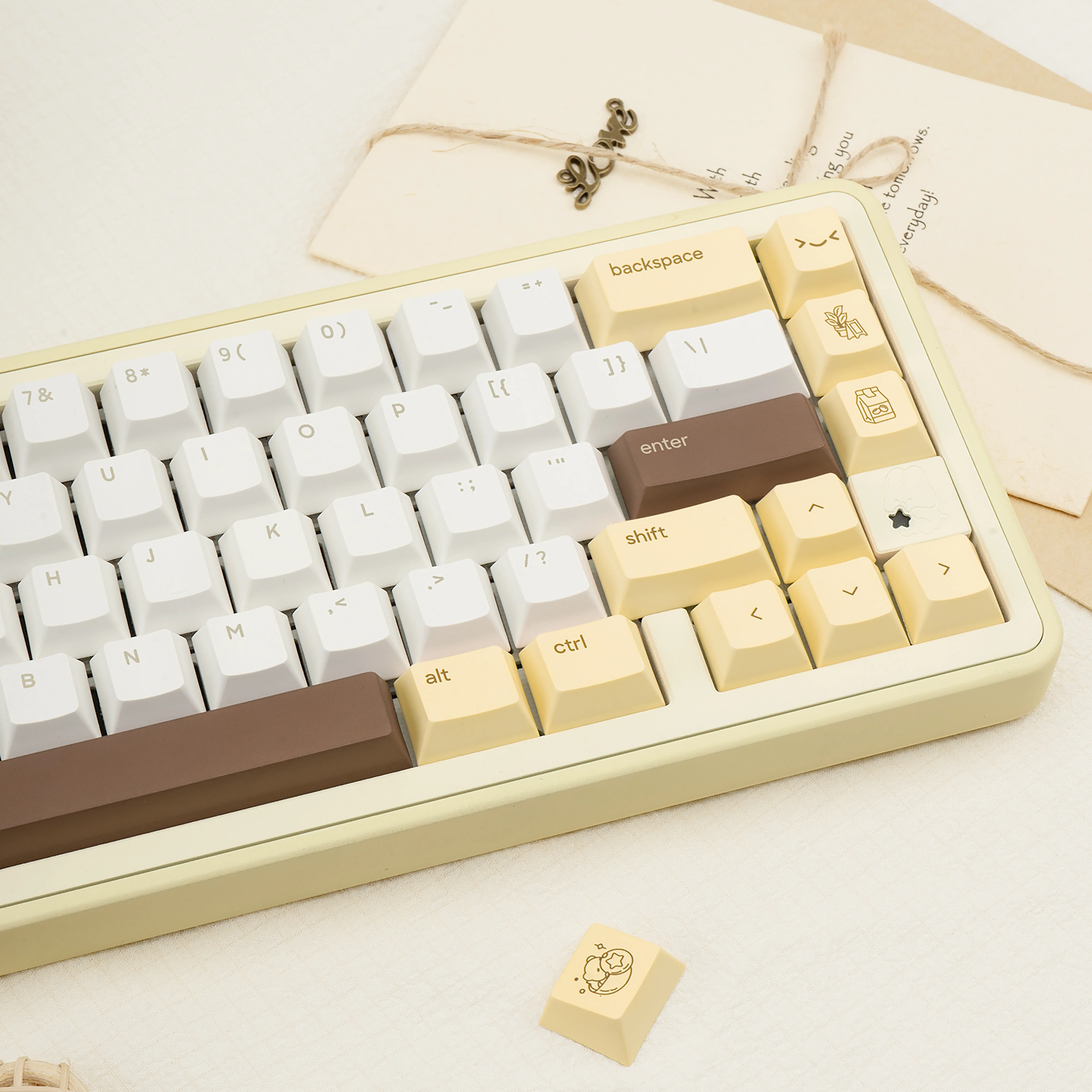 130-Key PBT Plastic Keycaps, Matte Finish Cute Bears Yellow & Brown Japanese Design, Cherry Profile Dye Sublimation, Smooth Feel, Low Typing Sound, Vivid Colors, Compatible with Gaming & Ergonomic Mechanical Custom Keyboards