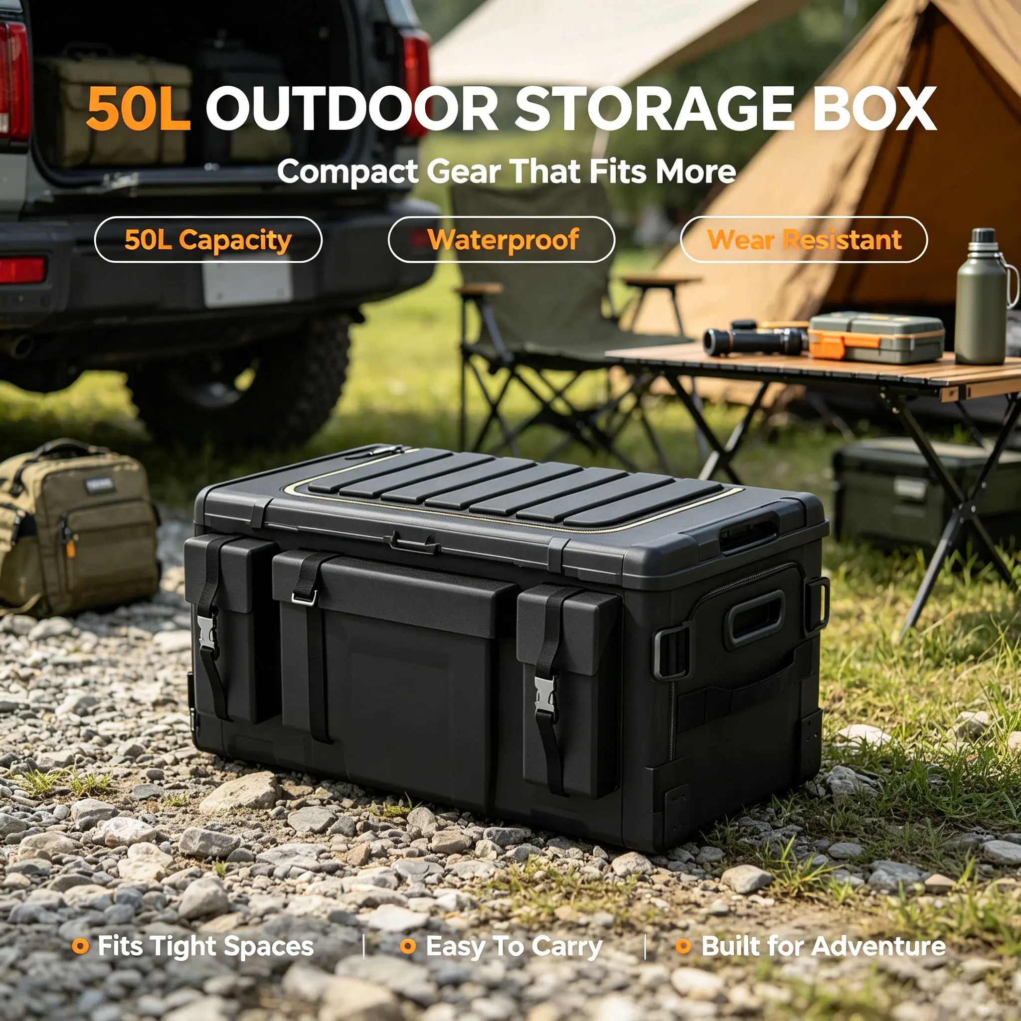 Tactical Outdoor Waterproof 50L Large Capacity Storage Bag, 3X Expandable Foldable 1680D Oxford Cut Resistant Multi Pocket Organizer for Car Trunk Boot, SUV Truck