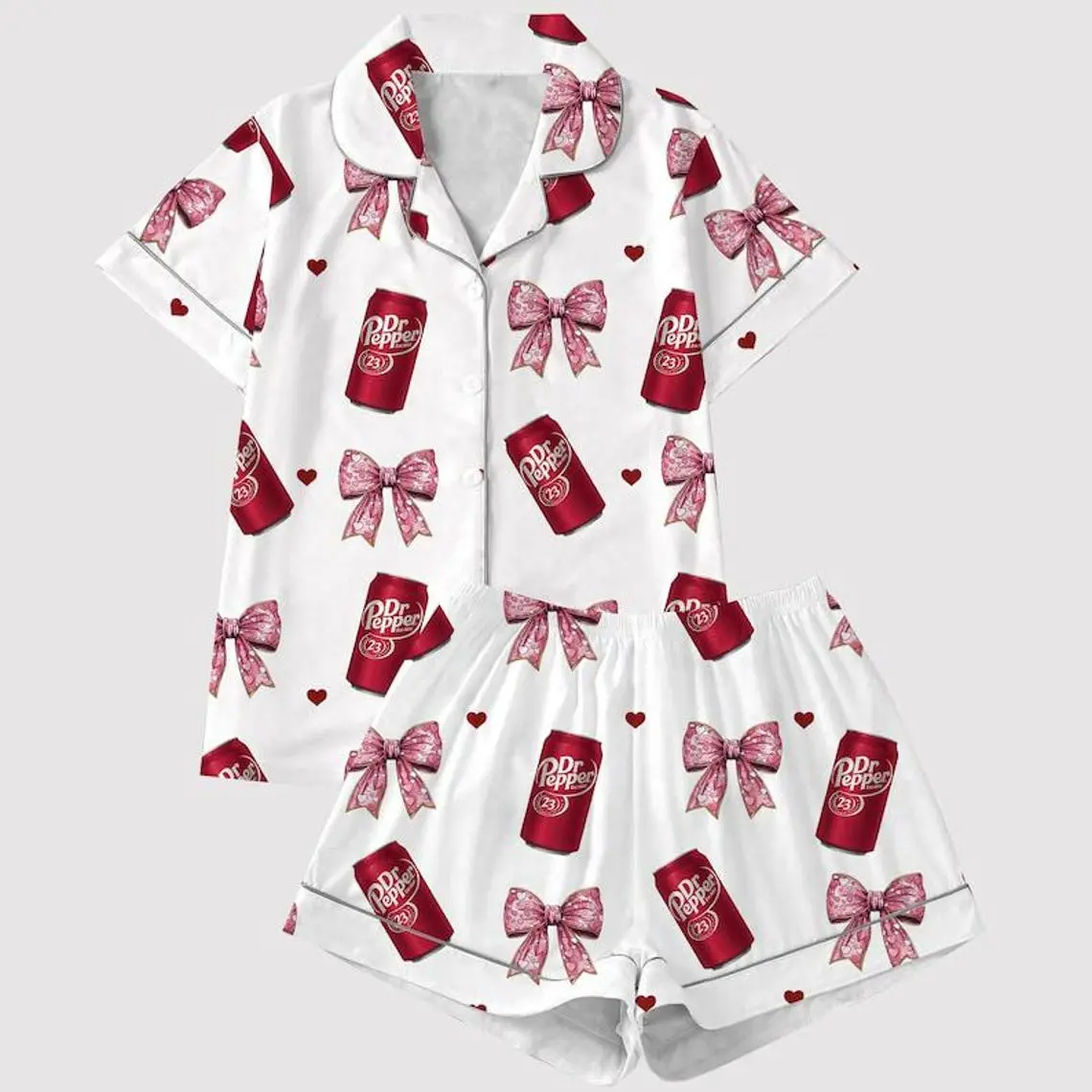 Women's Silky Dr Pepper 2-Piece Pajamas Set - Shirt-Style Top, Matching Coquette Bow Pattern Sleepwear, Aesthetic Soda Print Summer Loungewear Gift for Her, Lightweight