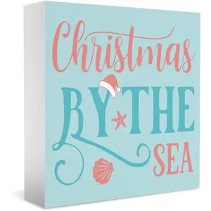 Beach Coastal Christmas Decorations for Home Beach House Coastal Beachy Christmas Decor for Office Indoor Kitchen Home Room Table Bedroom Bathroom Wooden Sign 5x5 inch