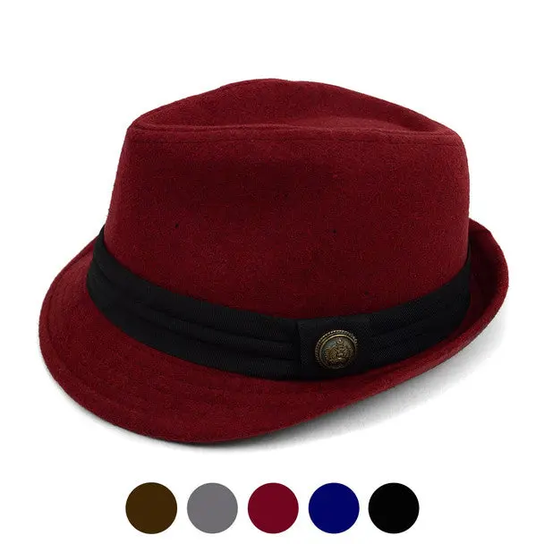 Westend Fall-Winter Trilby Fedora Hat with Button Accent, Black Ribbon Band Trim, Classic Cold-Weather Fedora Hats, Black Ribbon Hats