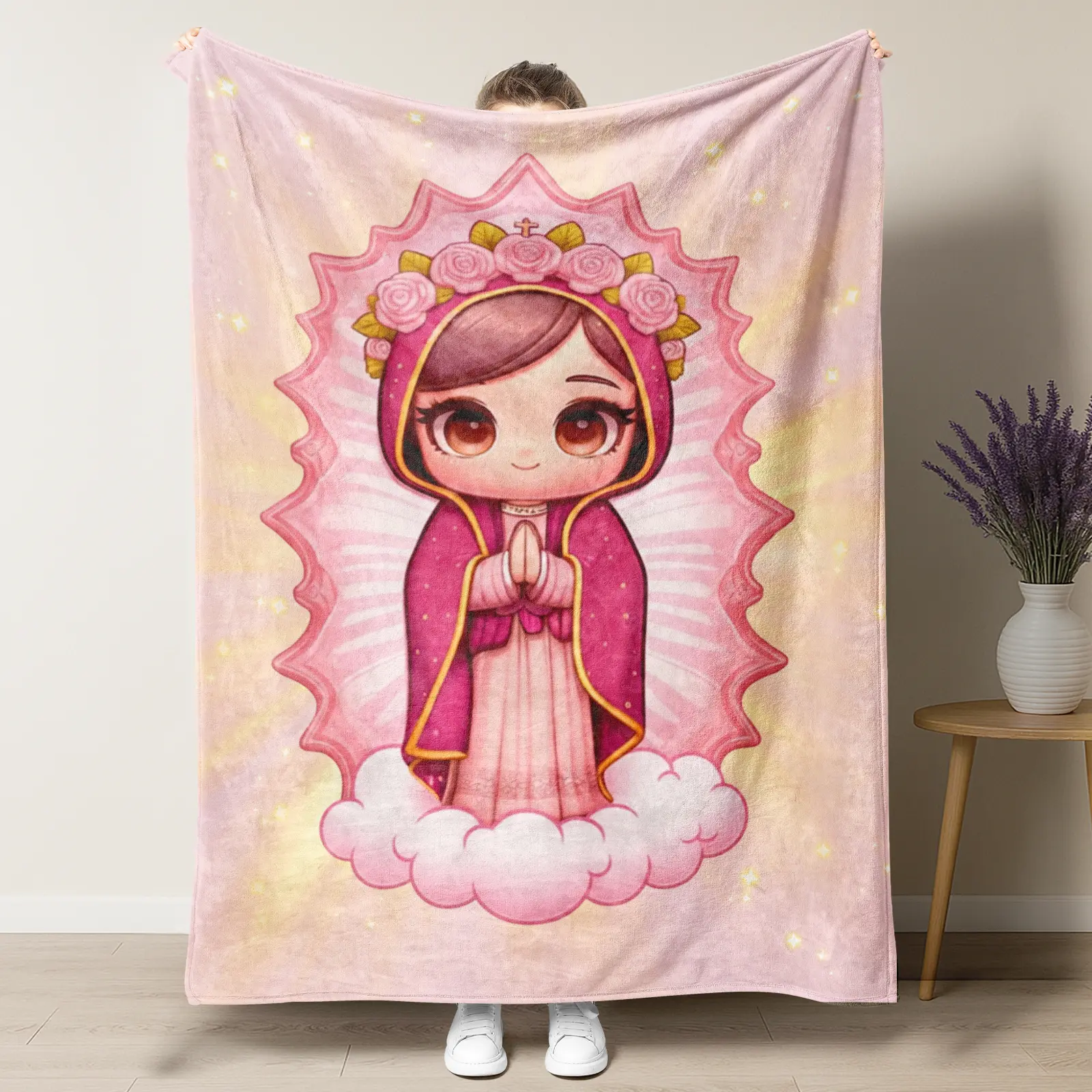 Virgin Mary Cute Pink Pattern Blanket,Guadalupe with Roses Throw Blanket,Catholic Gift for Girls,Coquette Aesthetic Room Decor,Soft Warm Nap Blanket for Home Office Travel