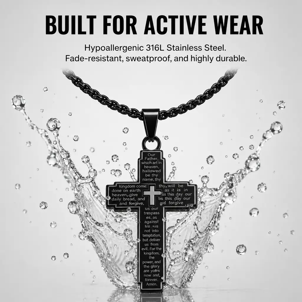 Men's Matte Black Hypoallergenic 316L Stainless Steel Cross Necklace - Engraved Prayer, Sweatproof Stylish Accessories for Daily Active Wear, Gifting, Faith-Inspired Religious Jewelry, Cross Chain, Spiritual Jewelry