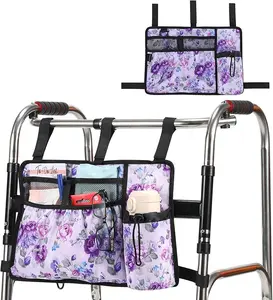 Walker Accessories for Folding Bag Walker Seniors Organizer Storage Pouch Cup Holder Carry with Pockets Detachable -Purple Flower