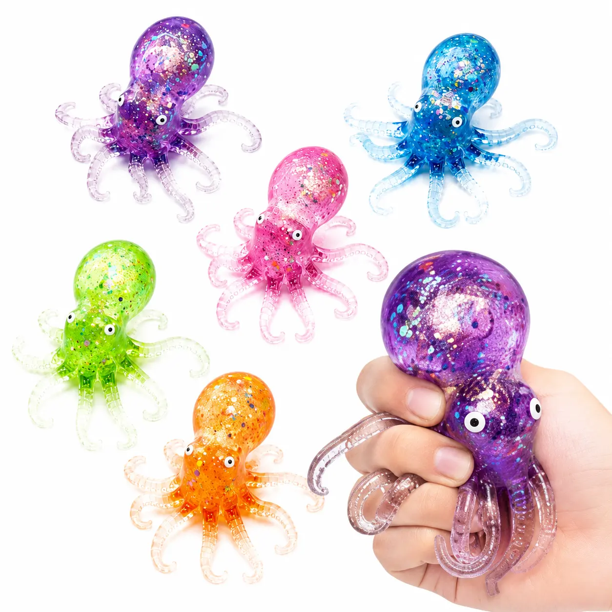 Glitter Octopus Stress Balls - Soft TPR Squishy Fidget Toys, Sparkling Stretchable Sea Animal Sensory Items, Stress Relieving Accessory for Party Favors