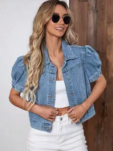 Women's Short Puff Sleeve Denim Jacket – Button-Front Washed Cropped Jean Coat, Romantic Casual Outerwear For Daily, Brunch & Vacation