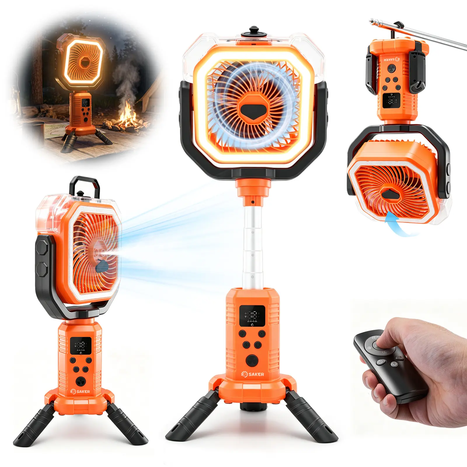 【FathersDayGift】Saker Upgraded Portable Camping Mist Fan - 20000mAh/40000mAh Rechargeable Outdoor Fan with Adjustable Tripod, Hook, LED Lighting, 4-Speed Settings, Digital Display, Timer, Automatic Oscillation, Lightweight Summer Essential