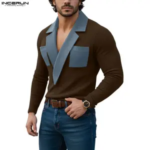 INCERUN Spring/Summer Men's Fashion Knitted Texture Patchwork Collar Color-Blocking Pullover Sweater