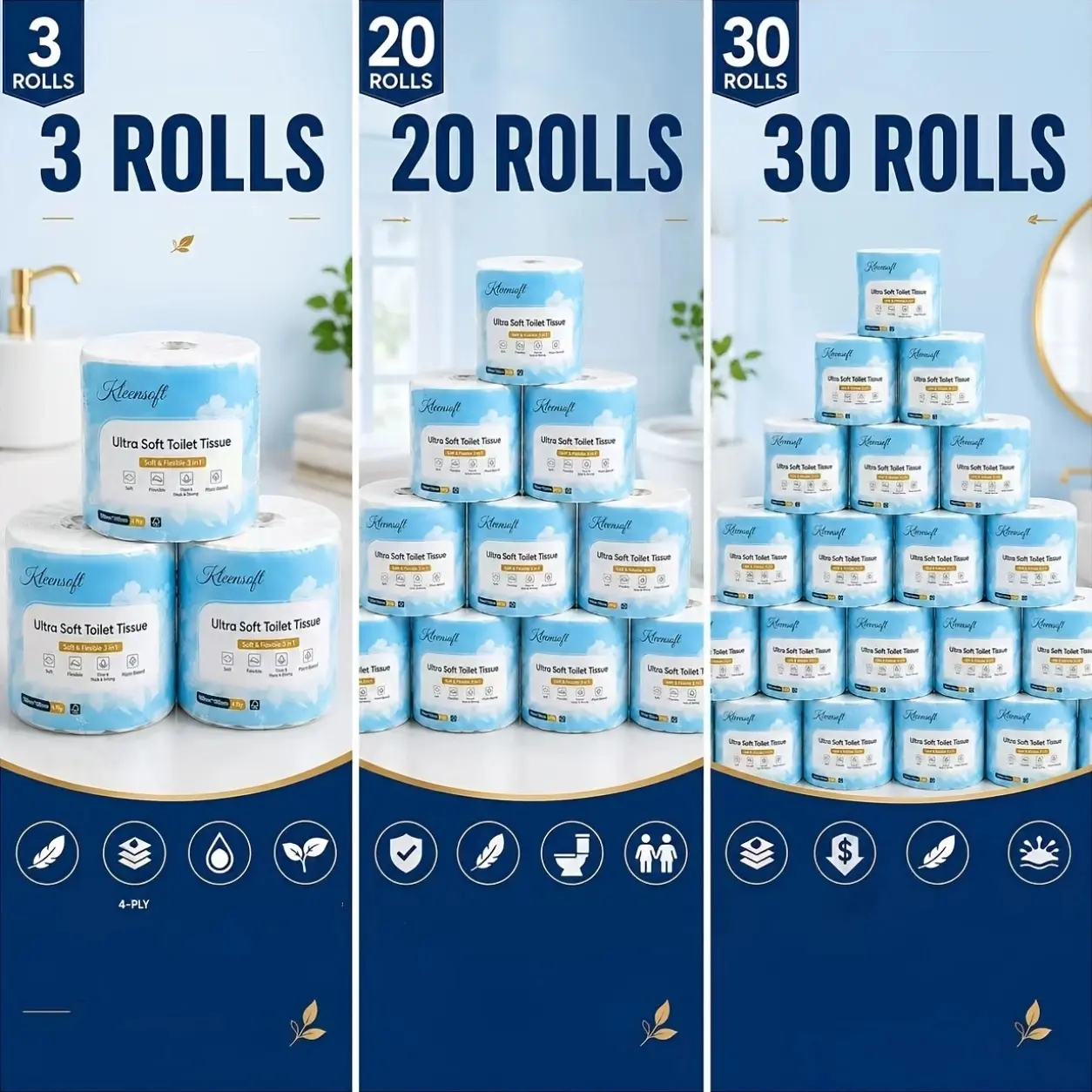 30 Rolls Toilet Paper, 20 Rolls & 3 Rolls Available, 4-Ply Bath Tissue, Ultra Soft, Thick & Strong, Highly Absorbent, Embossed Toilet Paper, Family Value Pack, Home, Bathroom & Office