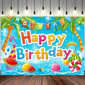 Premium Polyester Happy Birthday Pool Party Backdrop, 1pc Tropical Palm Tree Festive Backdrop with Decor for Home Supplies & Party Banners